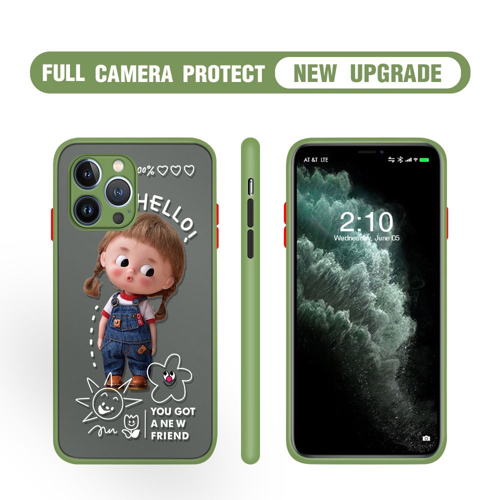 Hontinga for iPhone 13 Pro Case Cute Cartoon Little Girl Cover Camera Shockproof Protection Case Edge Frosted Transparent Phone Cover