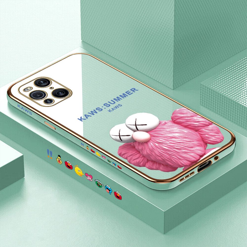 Luxury 6D Plating Soft Casing Silicone Square Frame Phone Case For OPPO Find X3 Pro Case Shiny Bling Back Cover Cartoon Pink Doll Square Edge Pattern Design Soft Case + Free Lanyard