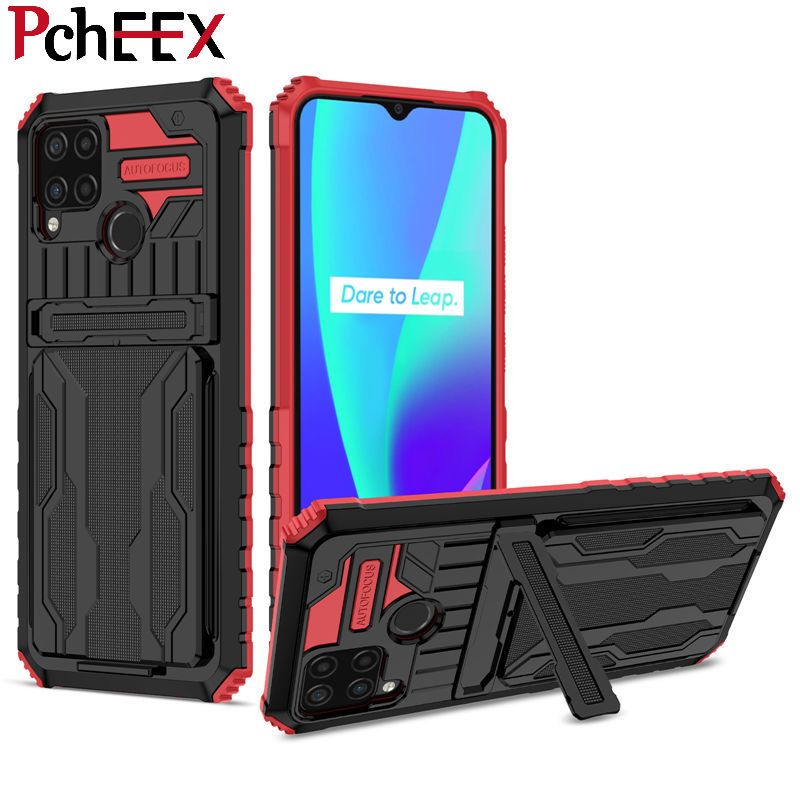 For OPPO Realme C15 / C25 / C12 Phone Case Armor Hard Military Grade Bumper Slot Card Kickstand Cover