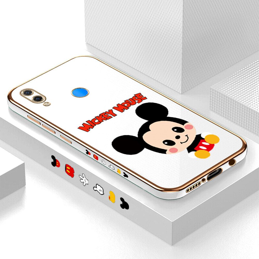 Luxury 6D Plating Case for Huawei P Smart Plus Cute Cartoon Mouse Side Pattern Back Cover Soft Silicone Square Frame Shiny Bling Phone Cases + Free Lanyard