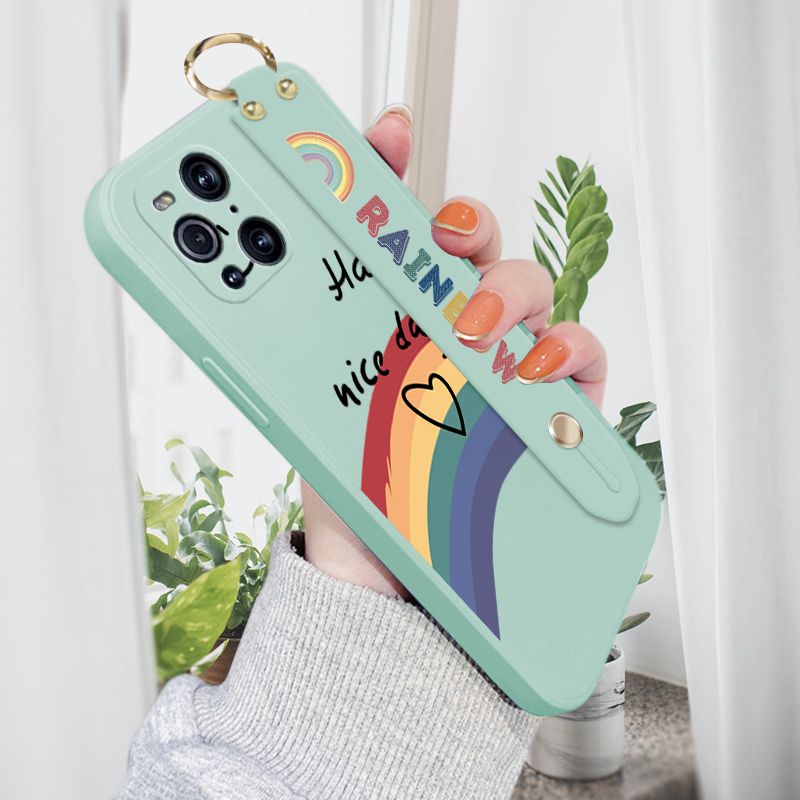 Jizetin for OPPO Find X3 Wrist Strap Case INS Style Smile Rainbow Cover Ultra Thin Anti Fall Liquid Silicone Phone Case
