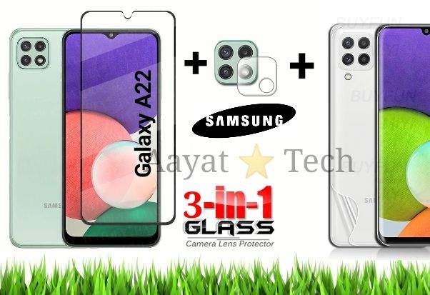 Samsung galaxy a22 3 ইন 1 কম্বো প্যাক ফ্রন্ট স্ক্রিন প্রোটেক্টর গ্লাস ক্যামেরা ন্যানো পলি ফ্লিম প্রটেক্টর ব্যাক ট্রান্সপারেন্ট জেল পলি