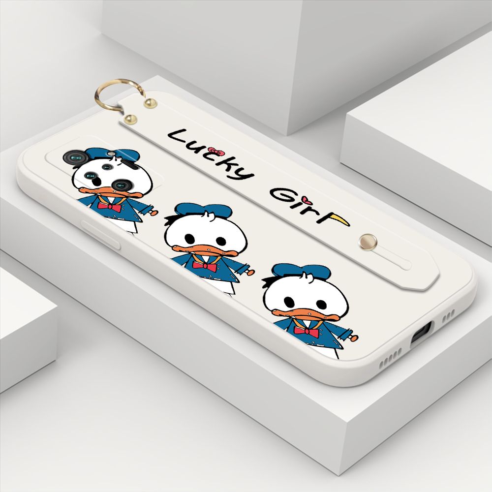 ZeroQiQi for Xiaomi Redmi Note 10 Pro Wrist Strap Case Cute Cartoon Little Duck Phone Case Square Edge Liquid Silicone Case Full Cover Camera Shockproof Protective Cases