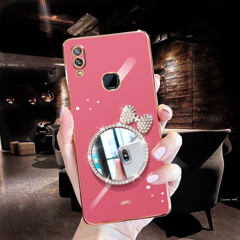 For Vivo Y91 Back Cover + Bowknot Makeup Mirror Fashion Shiny Plating Square Bumper Bling Girls Phone Case Soft TPU Silicone Shockproof Back Cover