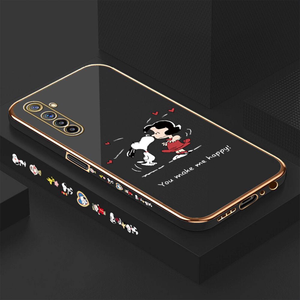 Luxury 6D Plating Case for Realme 6 Pro Cartoon Happy Puppy Side Pattern Back Cover Soft Silicone Square Phone Cases + Free Lanyard