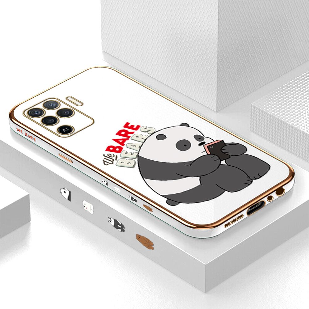 Luxury 6D Plating Case for OPPO A94 Cartoon Panda Side Pattern Back Cover Soft Silicone Square Frame Shiny Bling Phone Cases + Free Lanyard