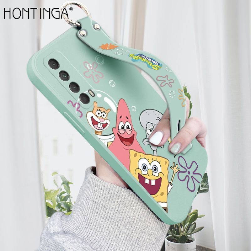 Hontinga for Huawei Y7A Wrist Strap Case Cute Cute Funny Cartoon Sponge for Square Pants Cover Square Edge Liquid Silicone Anti-drop Phone Case