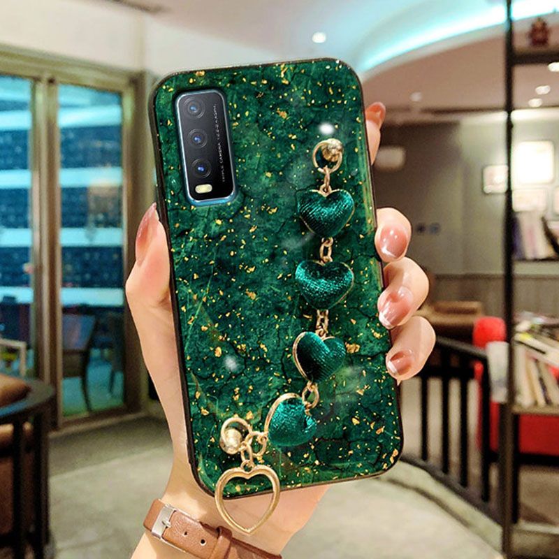 For Vivo Y20G Back Cover with Love Heart Wristband Chain Fashion Bracelet Marble Glitter Case Soft Silicone Bumper Protective Mobile Phone Cases
