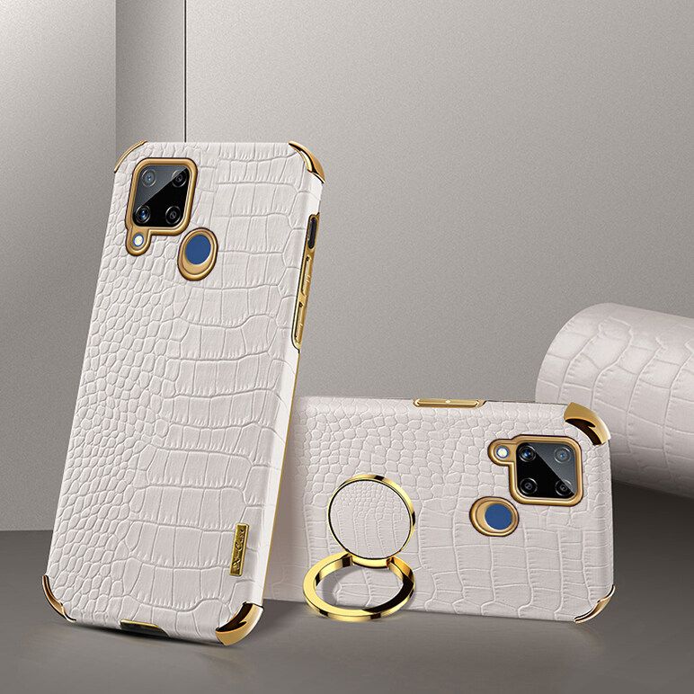 Luxury Plated Crocodile Pattern Leather Holder Phone Case For Realme C15 Magentic Car Ring Stand Cover