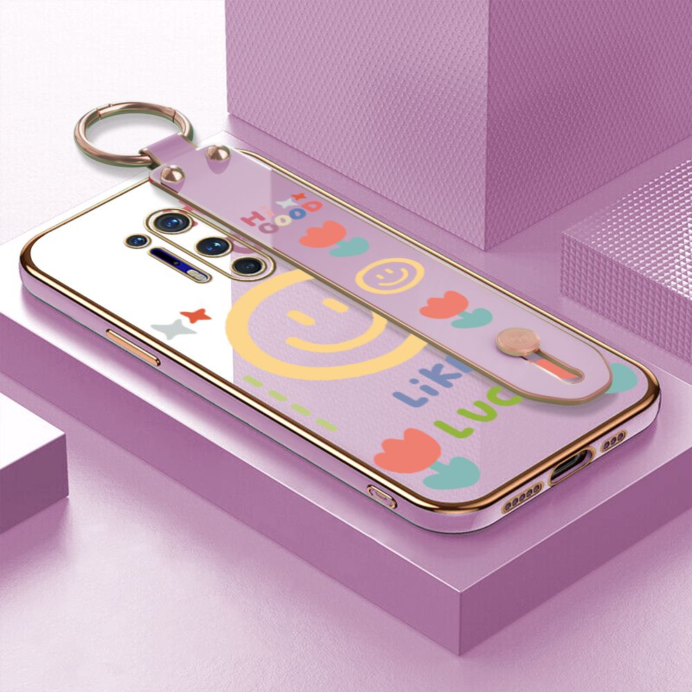 ZeroQiQi for OnePlus 8 Pro Wrist Strap Back Cover Flower Smiley Fashion Luxury 6D Plating Soft Casing Silicone Square Frame Phone Case
