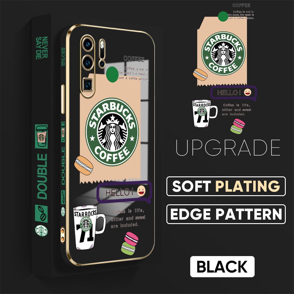 Jizetin (Free Lanyard) Huawei P30 Pro Back Cover Two Coffee Macaron Luxury 6D Plating Case Side Pattern Soft Silicone Square Mobile Phone Cases