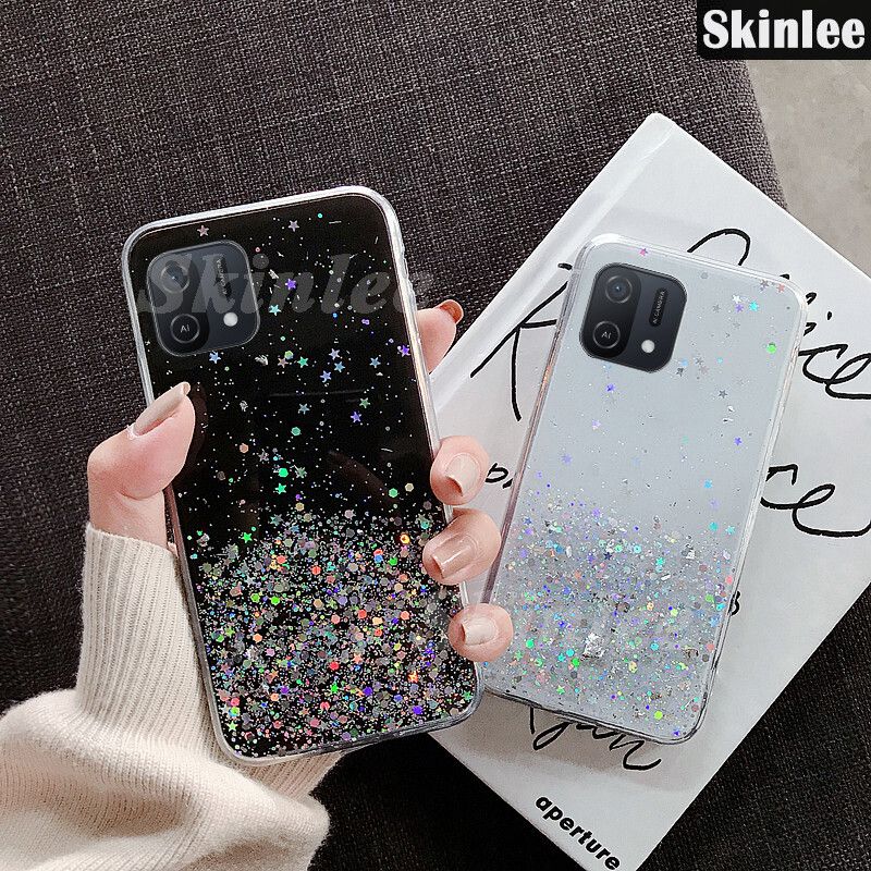 Phone case OPPO A16E Back cover Full Stars Moon Starry Sky Transparent Bling Sequins Soft Back cover for OPPO A16E cases