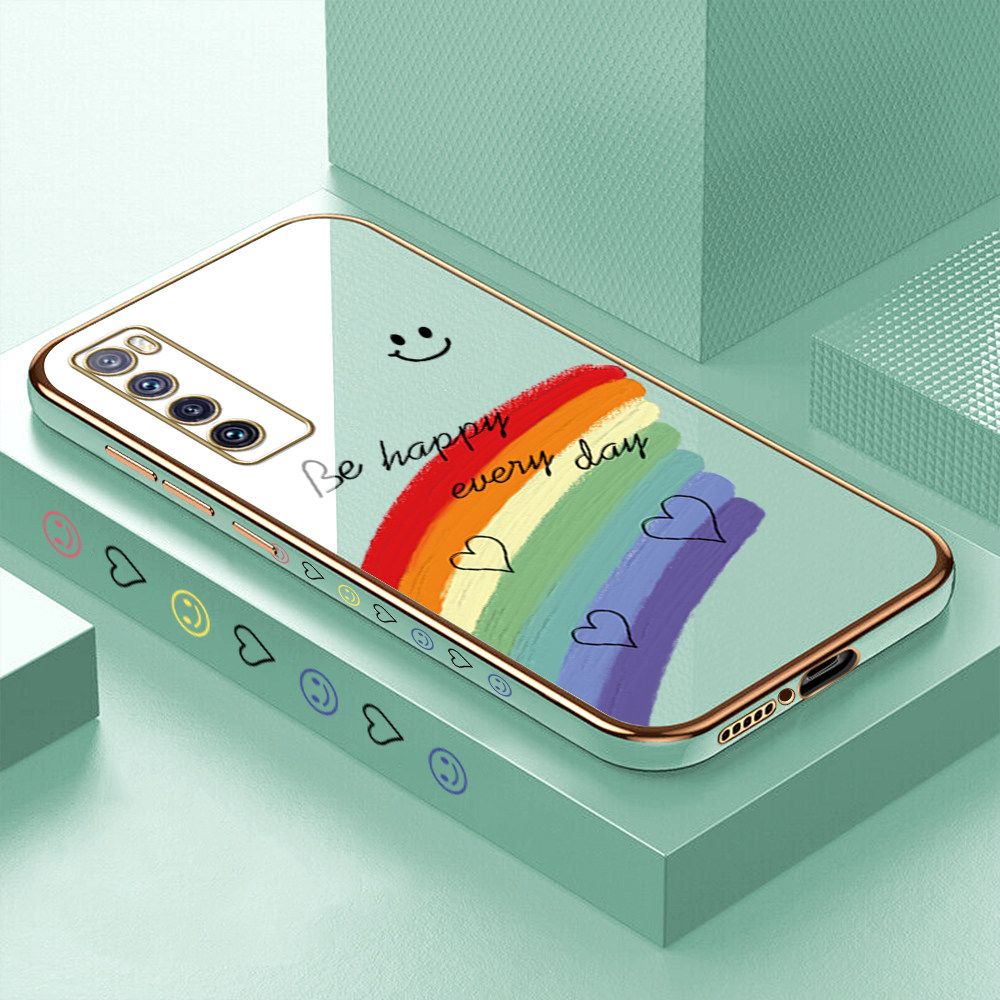 Luxury 6D Plating Case for Huawei Nova 7 Smile Rainbow Lover Heart Side Pattern Back Cover Soft Silicone Square Frame Shiny Bling Phone Cases + Free Lanyard