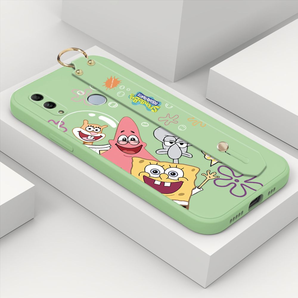 ZeroQiQi for Honor 10 Lite Wrist Strap Case Cute Cute Funny Cartoon Sponge for Square Pants Cover Square Edge Liquid Silicone Anti-drop Phone Case