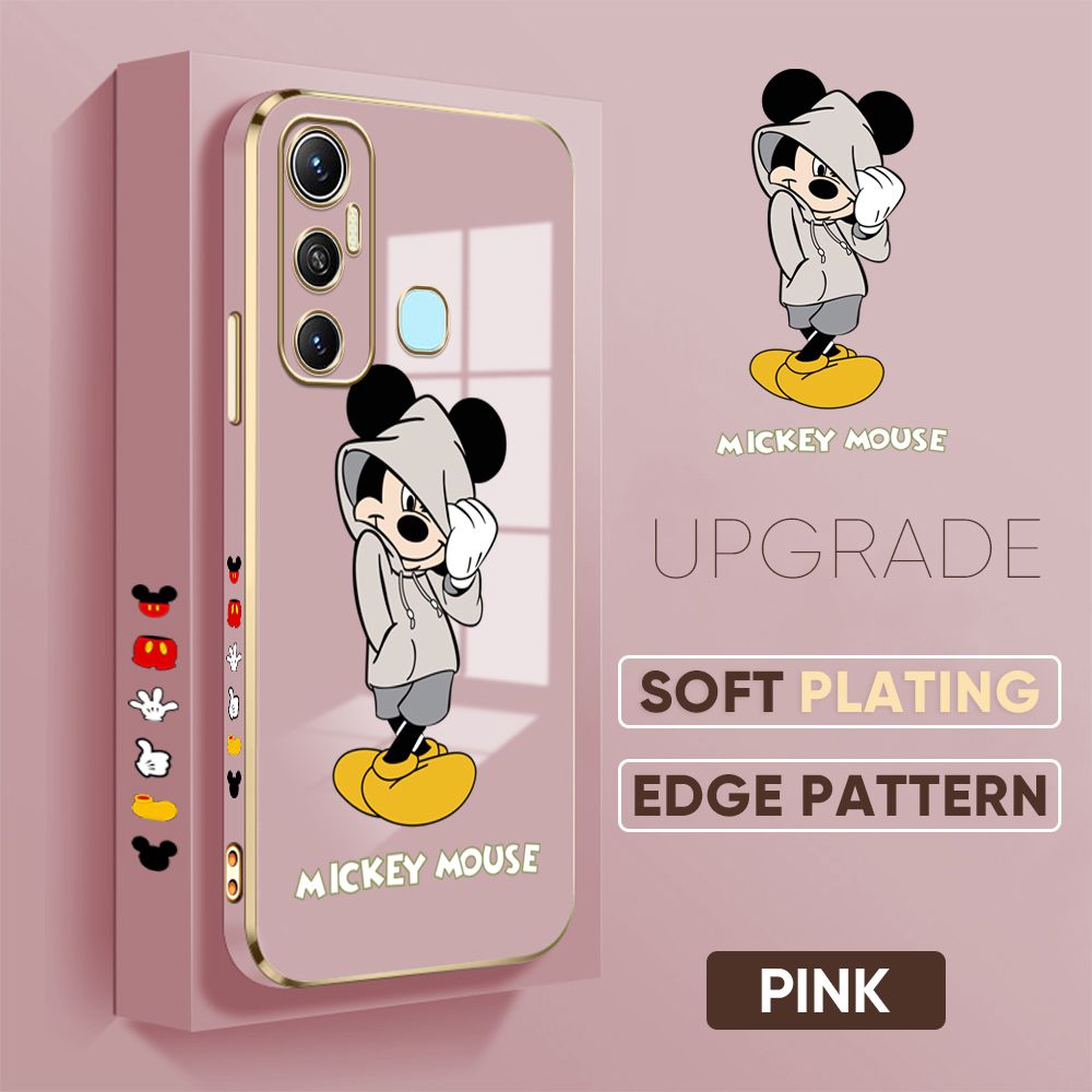 Jizetin (Free Lanyard) Infinix Hot 11 Back Cover Sweater Mouse Luxury 6D Plating Case Side Pattern Soft Silicone Square Phone Cases