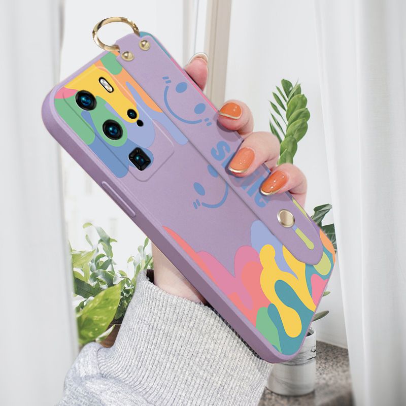 Jizetin for Huawei P40 Pro Wrist Strap Case Soft Candy Color Splash Ink Cover Ultra Thin Anti Fall Liquid Silicone Phone Case