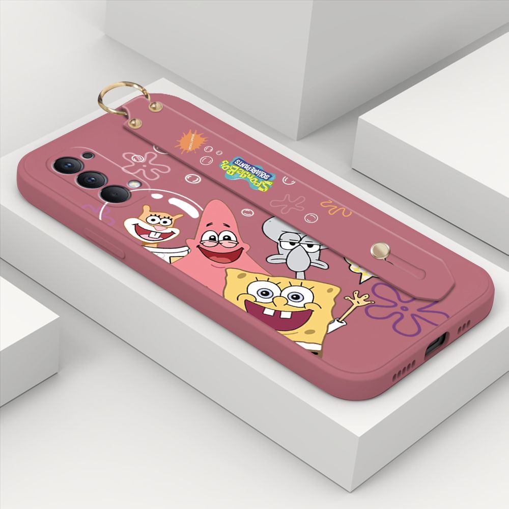 ZeroQiQi for OPPO Reno4 Wrist Strap Case Cute Cute Funny Cartoon Sponge for Square Pants Cover Square Edge Liquid Silicone Anti-drop Phone Case