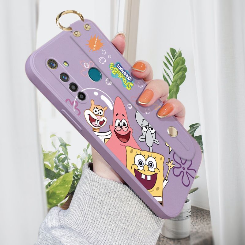 Jizetin for Realme 5 Pro Back Cover Cute Funny SpongeBob Wrist Strap Phone Case Candy Color shock proof Protective Phone Cases