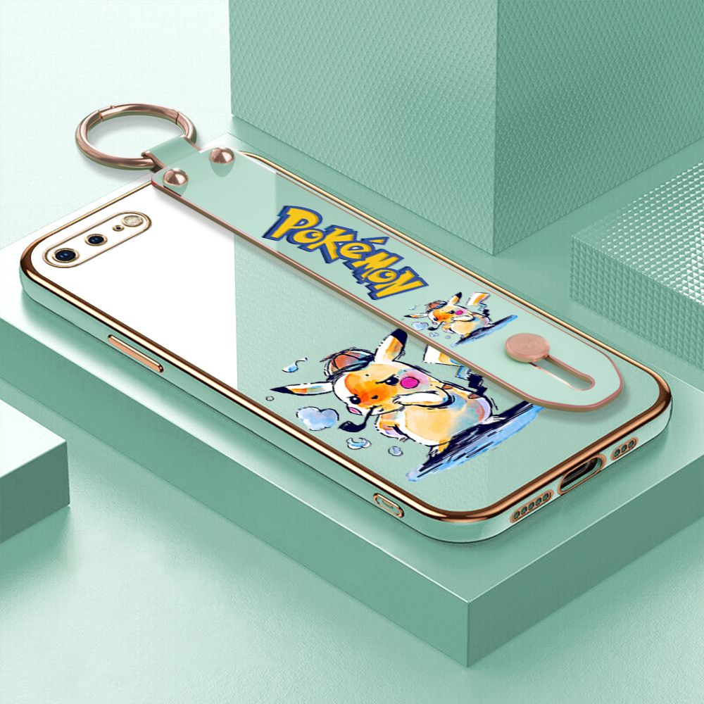 UCUC for iPhone 7 Plus / 8 Plus Wrist Strap Back Cover + Free Lanyard Pikachu Fashion Luxury 6D Plating Soft Casing Silicone Square Frame Phone Case