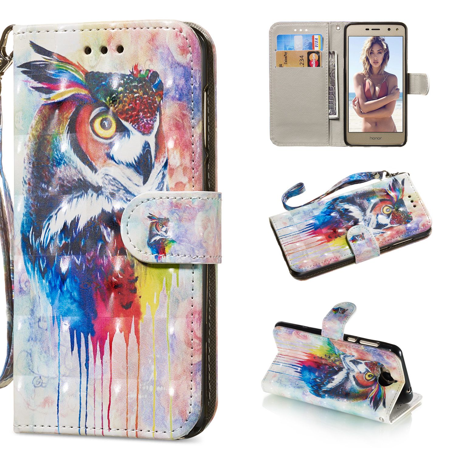 Yfashion For HUAWEI Y5 2017/Y6 2017 3D Coloured Painted PU Magnetic Clasp Phone Case with Card Slots Bracket Lanyard