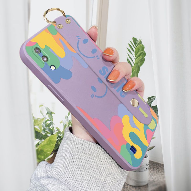 Jizetin for Samsung M10 Back Cover Cartoon Dreamlike Smile Wrist Strap Phone Case Candy Color shock proof Protective Phone Cases