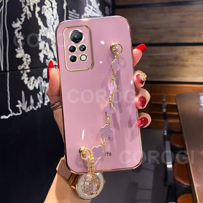 For Infinix Note 11s Back Cover with Lucky Clover Wristband Chain Fashion Bracelet Shiny Plating Square Edge Bumper Phone Case Soft Silicone Bumper Protective Cover