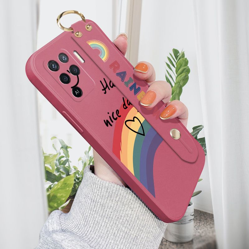 Jizetin for OPPO Reno5 F Wrist Strap Case INS Style Smile Rainbow Cover Ultra Thin Anti Fall Liquid Silicone Phone Case