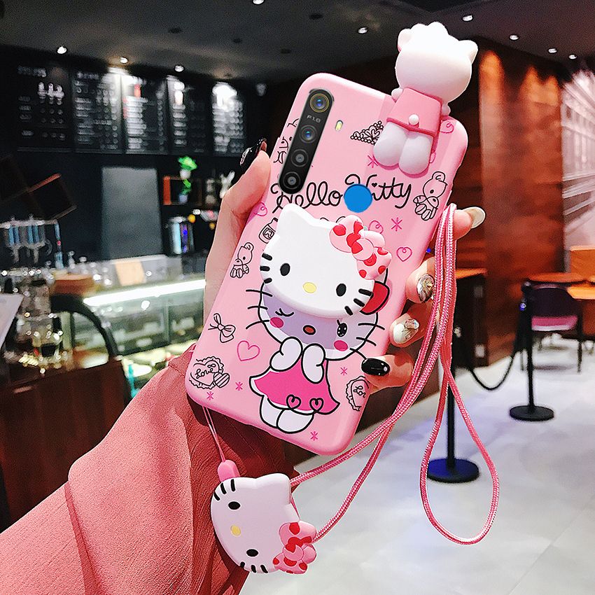 For Realme 5 5s 5i 6i C3 Realme C11 Realme C12 Realme C15 Narzo 20 Pro Realme C17 Realme 7 Realme 7i Realme 7 Pro Cartoon Cute Hello Kitty Case Soft Silicone Pink Case with Holder Lanyard