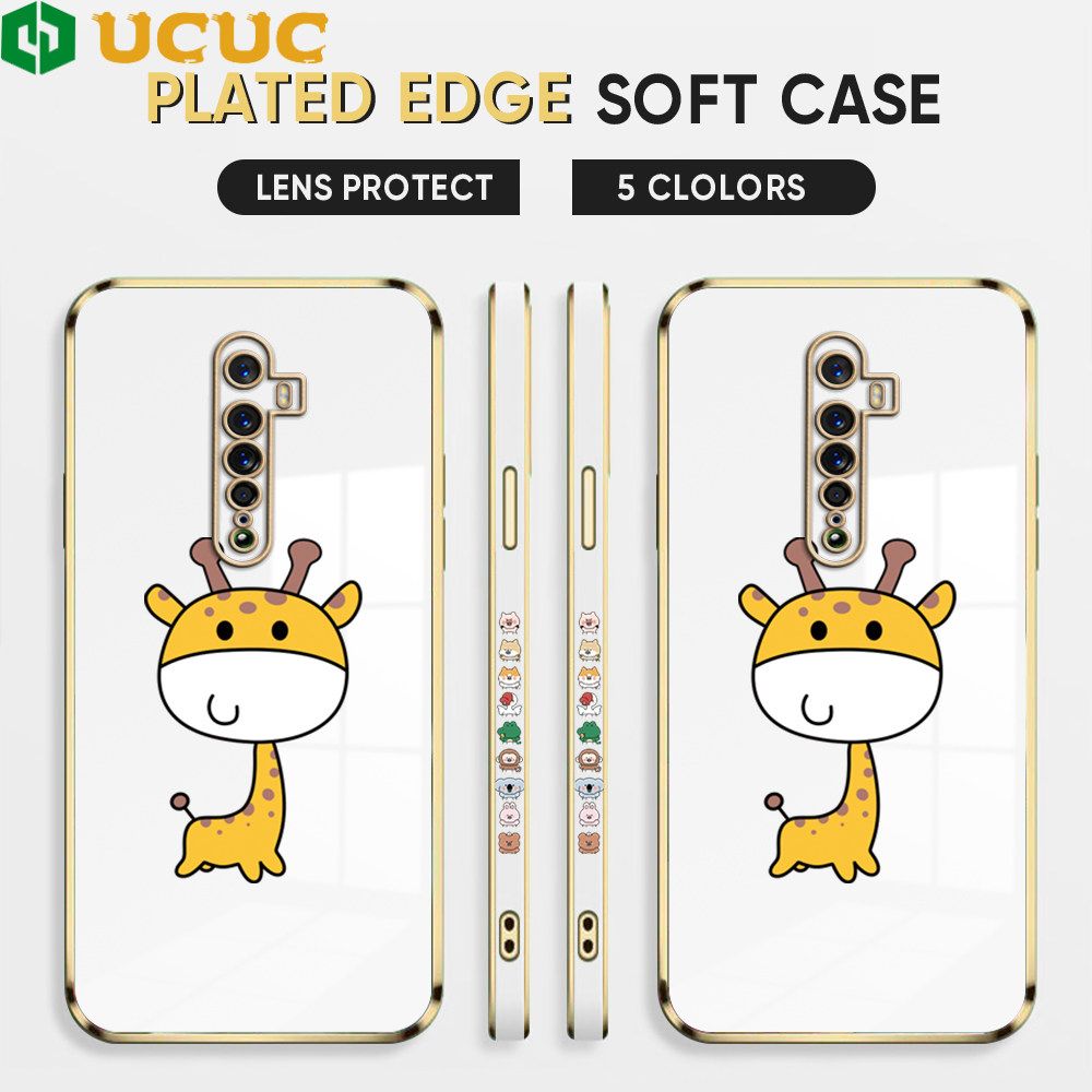 UCUC for OPPO Reno 2 Back Cover + Free Lanyard Big Head Giraffe Luxury 6D Plating Case Side Pattern Soft Silicone Square Phone Cases