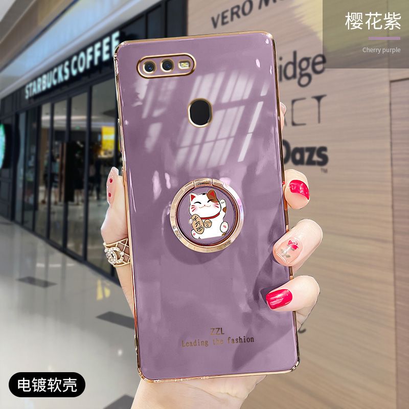 For OPPO F9 / OPPO F9 Pro Cover + Ring Holder Stand Shiny Plating Square Bumper Phone Case Lens Protection Soft Silicone Shockproof Protective Back Cover