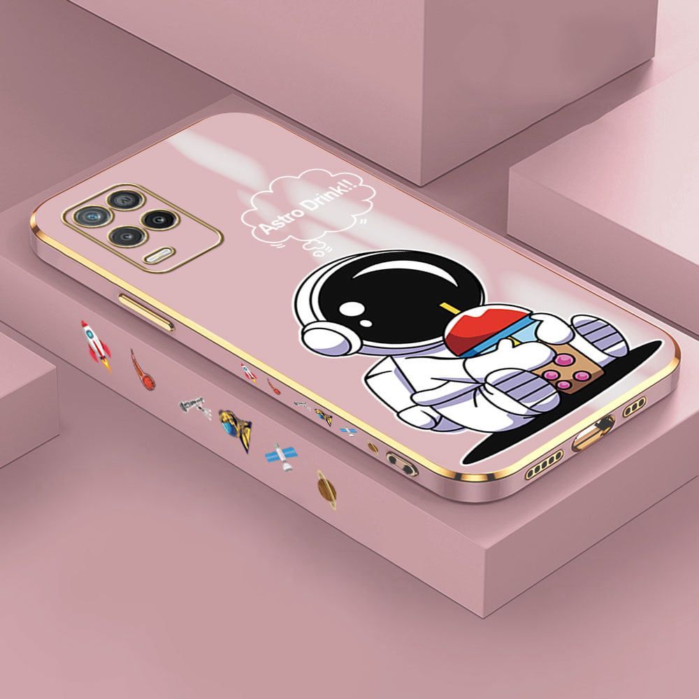Jizetin (Free Lanyard) Realme 8 5G Case Cute Cartoon Drink Astronaut Luxury 6D Plating Soft Casing Silicone Ultra Thin Phone Cover