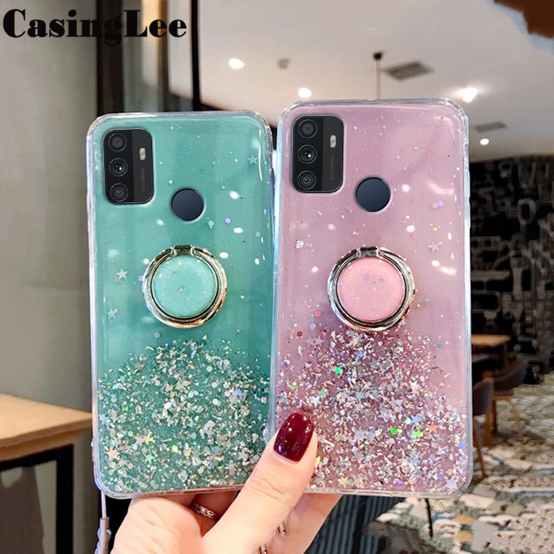 Casinglee for OPPO A53 case Shiny Ring Glitter Soft Transparent Holder Stand Back cover with String for OPPO A53 Phone cases cover Stars Moon Girls