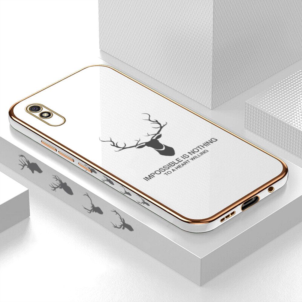 Luxury 6D Plating Case for Redmi 9A Alphabet Lucky Deer Side Pattern Back Cover Soft Silicone Square Frame Shiny Bling Phone Cases + Free Lanyard