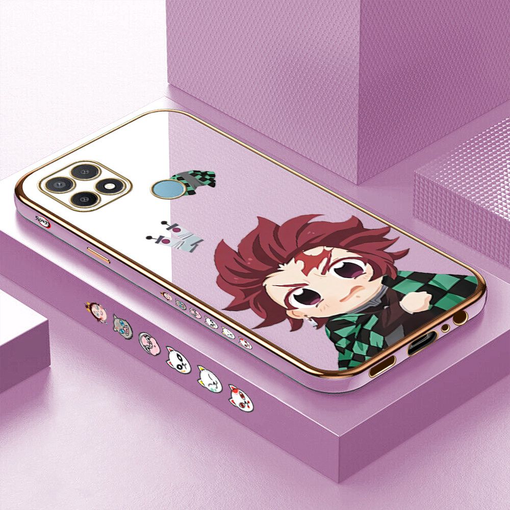 Luxury 6D Plating Case for OPPO A15 Cartoon Anime Tanjirou Side Pattern Back Cover Soft Silicone Square Frame Shiny Bling Phone Cases + Free Lanyard
