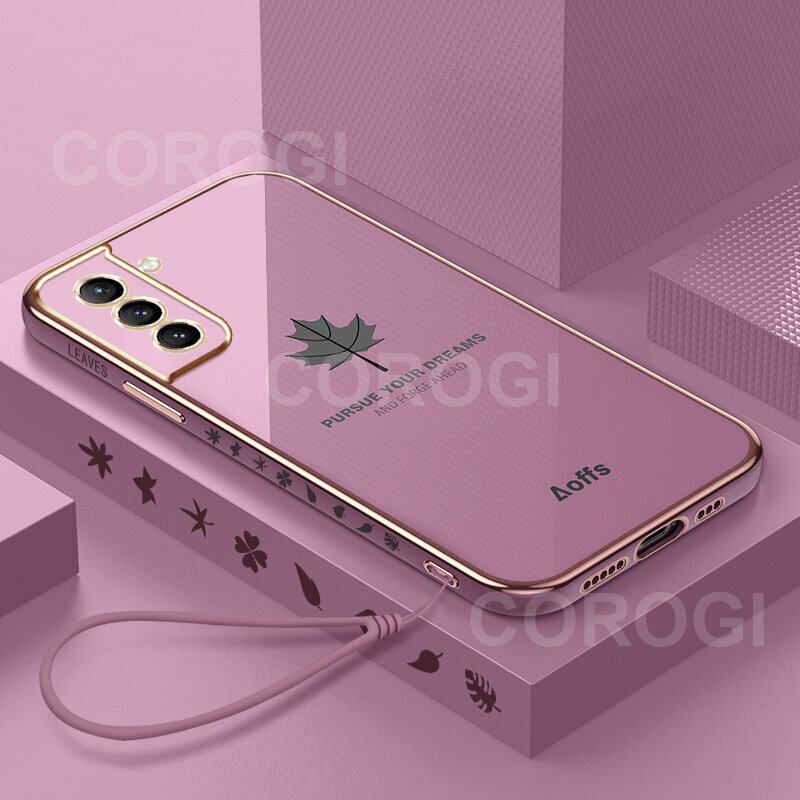 For Samsung Galaxy S21+ Plus Cover + Wrist Strap Fashion Shiny Maple leaf Plating Square Bumper Phone Case Soft TPU Silicone Shockproof Protective Back Cover