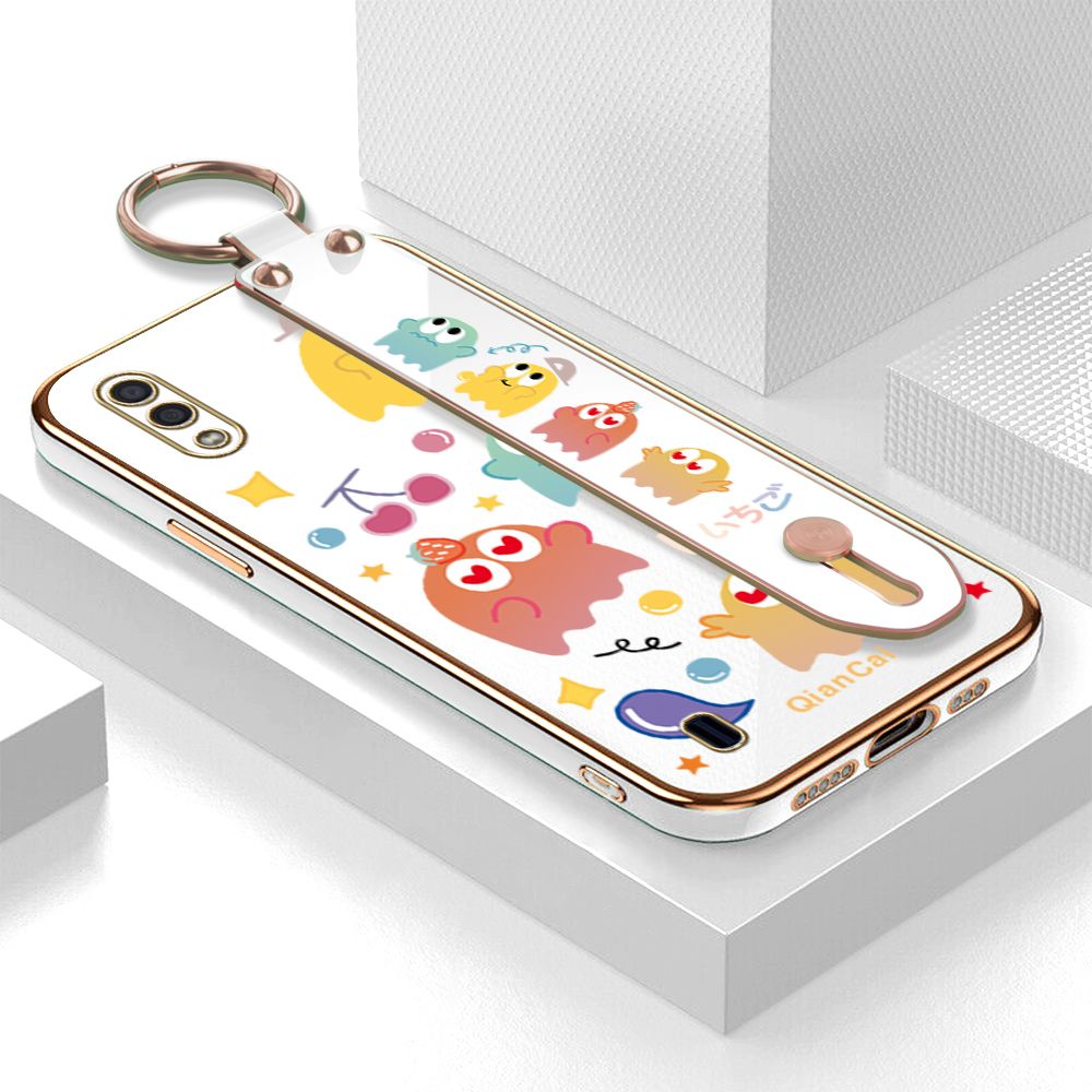 Jizetin for Samsung Galaxy A01 Back Cover Bean Monster Luxury 6D Plating Wrist Strap Phone Cases Soft Silicone Square Mobile Phone Case