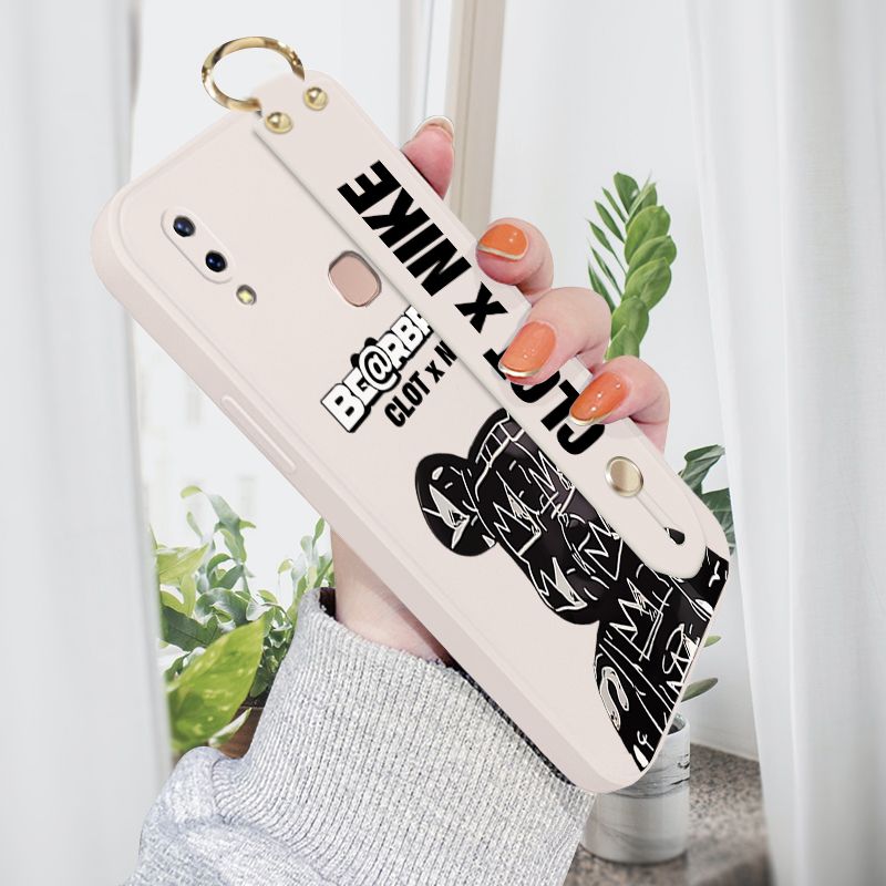 Jizetin for Vivo Y85 / Vivo V9 Back Cover Fashion Black Brand Bear Wrist Strap Phone Case Candy Color shock proof Protective Phone Cases