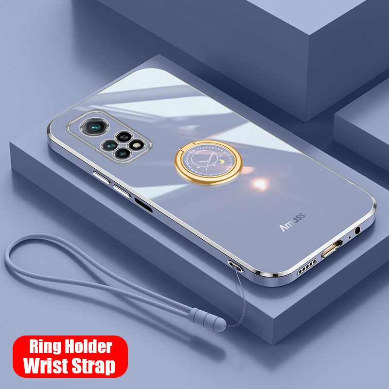 For Xiaomi Redmi Note 11 Back Cover with Ring Holder Stand + Wrist Strap Shiny Plating Square Bumper Protective Case Soft Silicone Shockproof Mobile Phone Cases