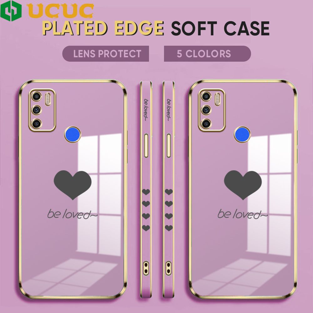 UCUC for Tecno Spark 5 Air / Tecno Spark 6 Air Back Cover + Free Lanyard Lover Heart Luxury 6D Plating Case Side Pattern Soft Silicone Square Phone Cases