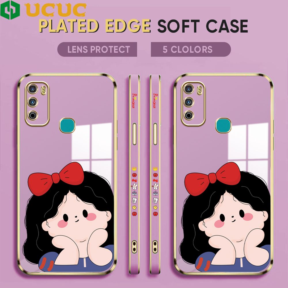 UCUC for Infinix Hot9 Play X680 Back Cover + Free Lanyard Cute Gir Luxury 6D Plating Case Side Pattern Soft Silicone Square Phone Cases