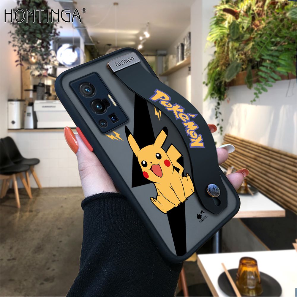 Hontinga for Vivo X70 Pro 5G Back Cover With Wristband Cartoon Pikachu Phone Casee Full Lens Protection Thin Frosted Cases
