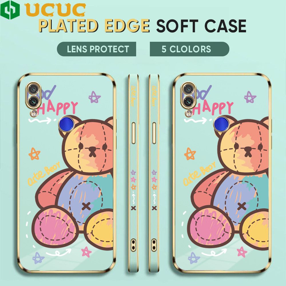UCUC for Redmi Note 7 Note 7 Pro Back Cover + Free Lanyard Colorful Muppet Bear Luxury 6D Plating Case Side Pattern Soft Silicone Square Phone Cases
