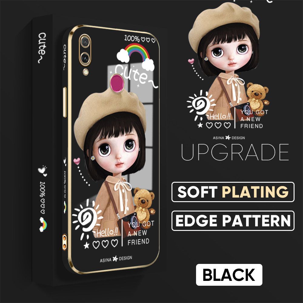 TA for Honor Y9 2019 Back Cover + Free Lanyard Satchel Girl Luxury 6D Plating Case Side Pattern Soft Silicone Square Phone Cases