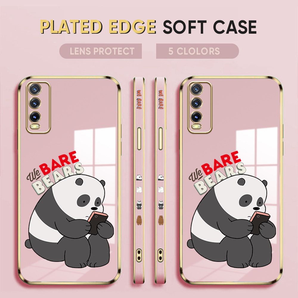 Luxury 6D Plating Case for Vivo Y20S Phone Cases Cute Cartoon Panda Side Print Soft Silicone Square Back Cover
