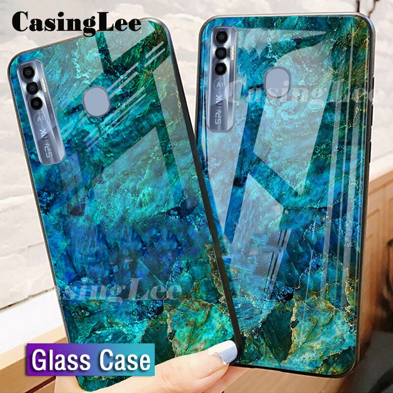 Casinglee For Tecno Spark 7 Pro Case Fashion Marble Tempered Glass Protector Soft Silicon Back cover for Tecno Spark7 Pro Phone cases For girls and Boys