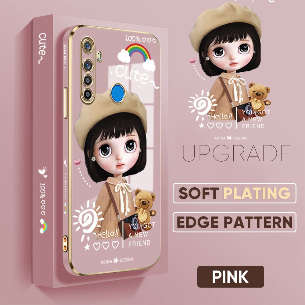 TA for Realme 5 5i 5S 6i Back Cover + Free Lanyard Satchel Girl Luxury 6D Plating Case Side Pattern Soft Silicone Square Phone Cases