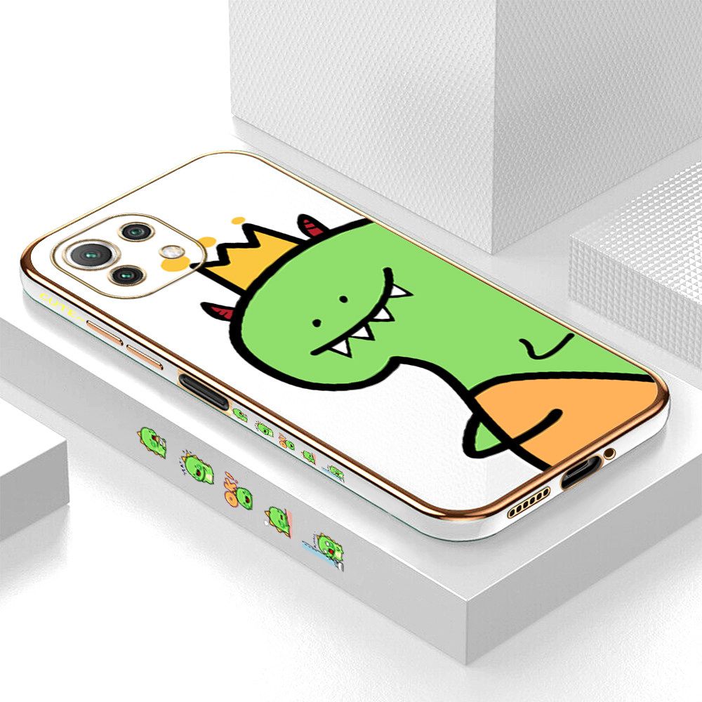 Luxury 6D Plating Case for Xiaomi 11 Lite Cute Little Dinosaur Side Pattern Back Cover Soft Silicone Square Frame Shiny Bling Phone Cases + Free Lanyard