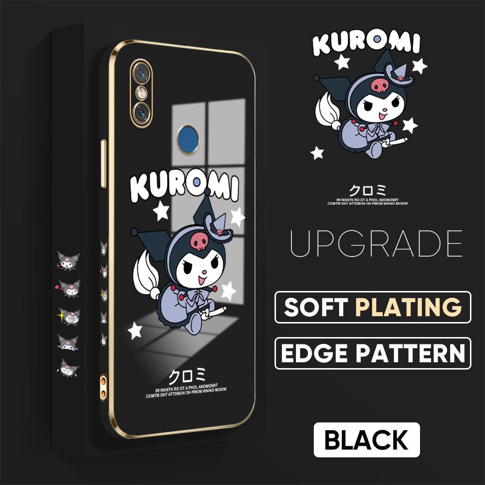 TA for Xiaomi 8 Back Cover + Free Lanyard Cute Kuromi Luxury 6D Plating Case Side Pattern Soft Silicone Square Phone Cases