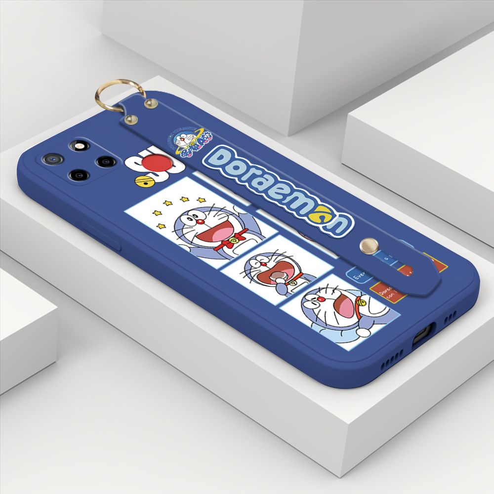 Hontinga for Realme C12 Wrist Strap Case Cute Cute Cartoon Blue Cat Daily Life Cover Square Edge Liquid Silicone Creative Phone Protective Cases