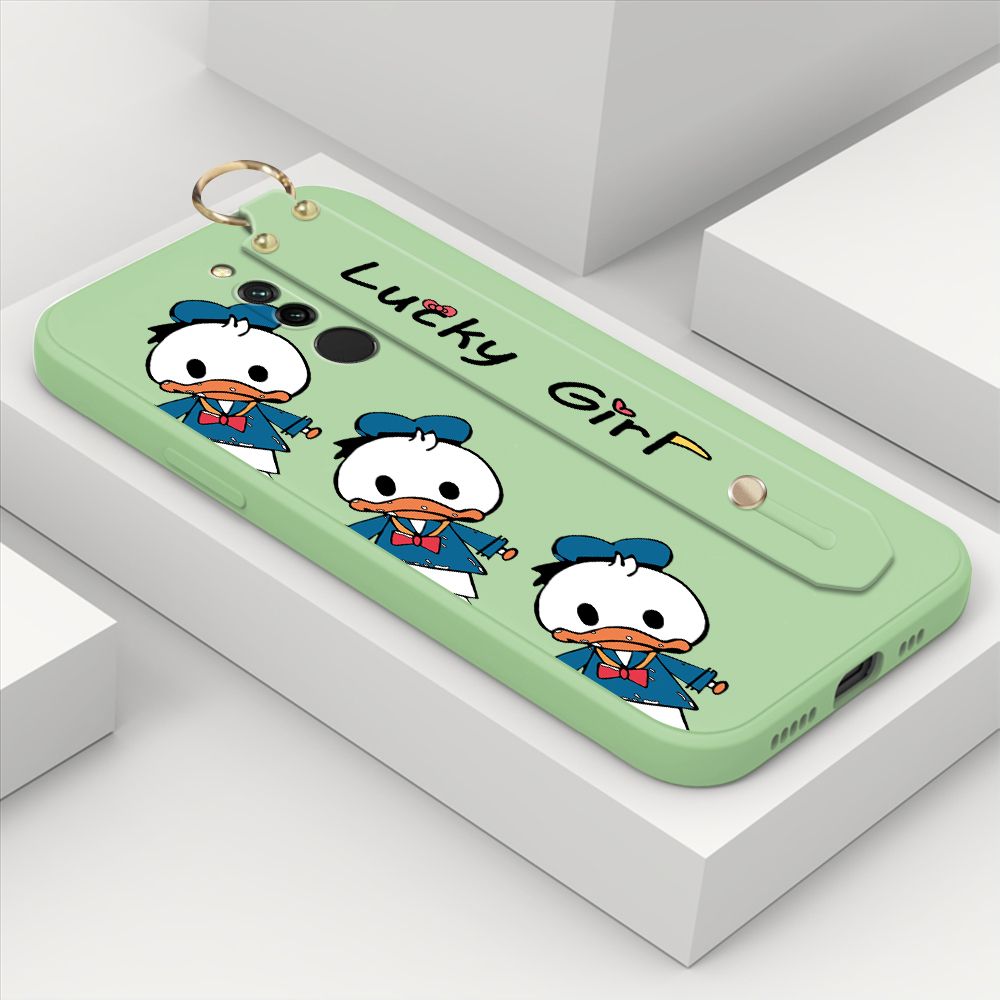 ZeroQiQi for Xiaomi Redmi 8 Wrist Strap Case Cute Cartoon Little Duck Phone Case Square Edge Liquid Silicone Case Full Cover Camera Shockproof Protective Cases